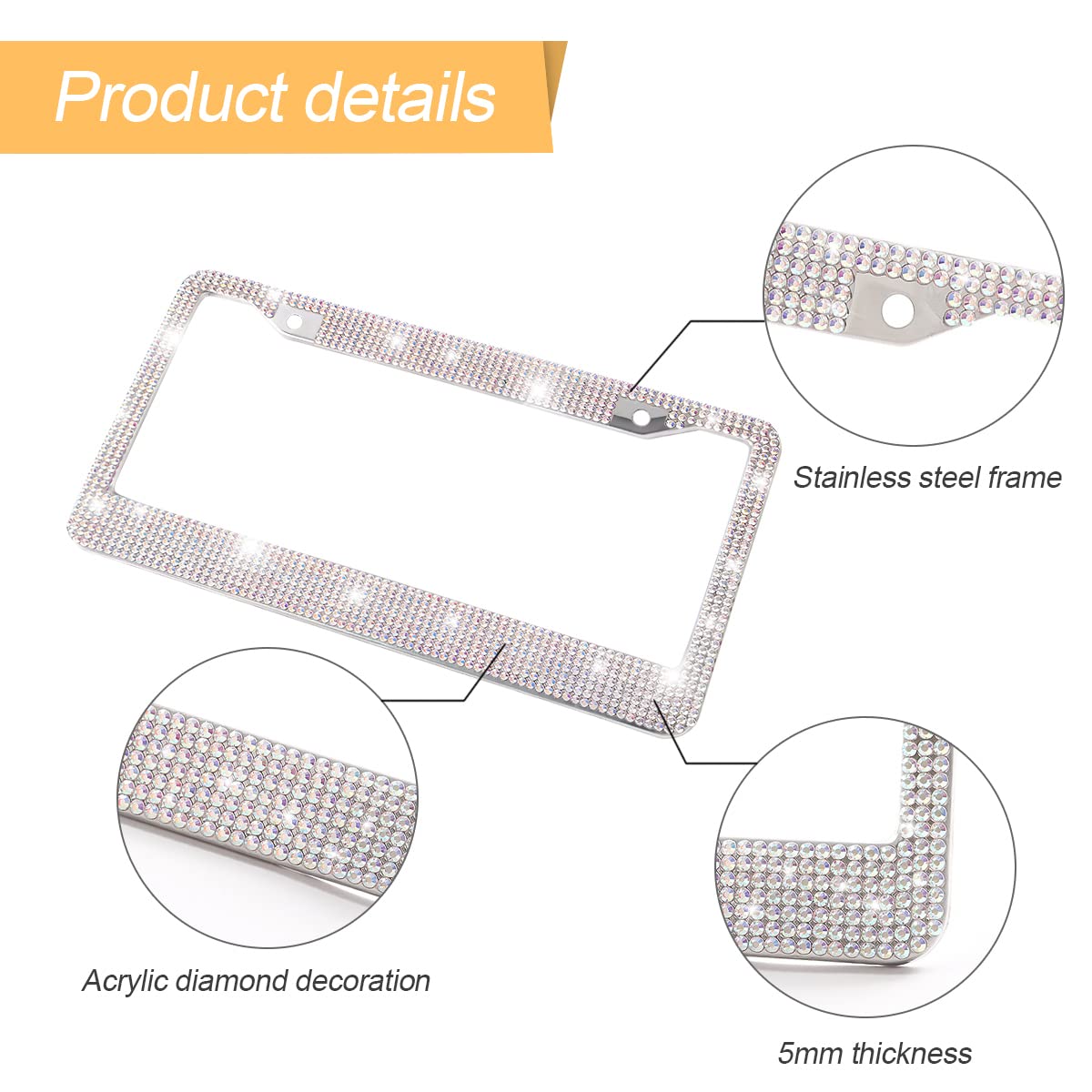 Bling Car License Plate Frame, Sparkly Rhinestone Stainless Steel License Plate Cover/Holder, Universal For Most Cars, Suvs, Vehicles With Screw Set, Auto Accessories For Women (Ab Color)