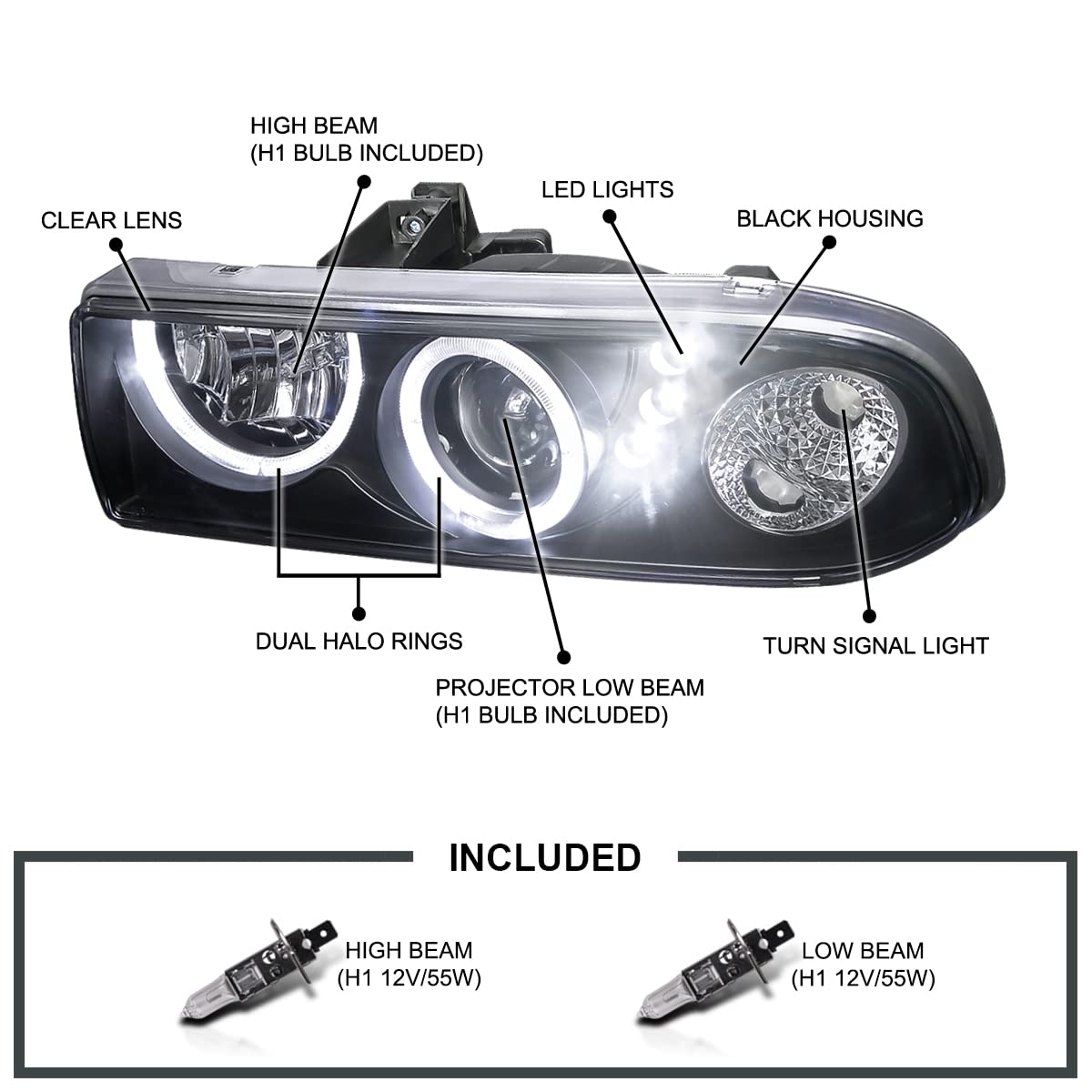 Spec-D Tuning SMD LED Dual Halo Projector Headlights Black Compatible with 1998-2004 Chevy S10 Pickup, 1998-2004 Chevy S10 Blazer Left + Right Pair Headlamps Assembly