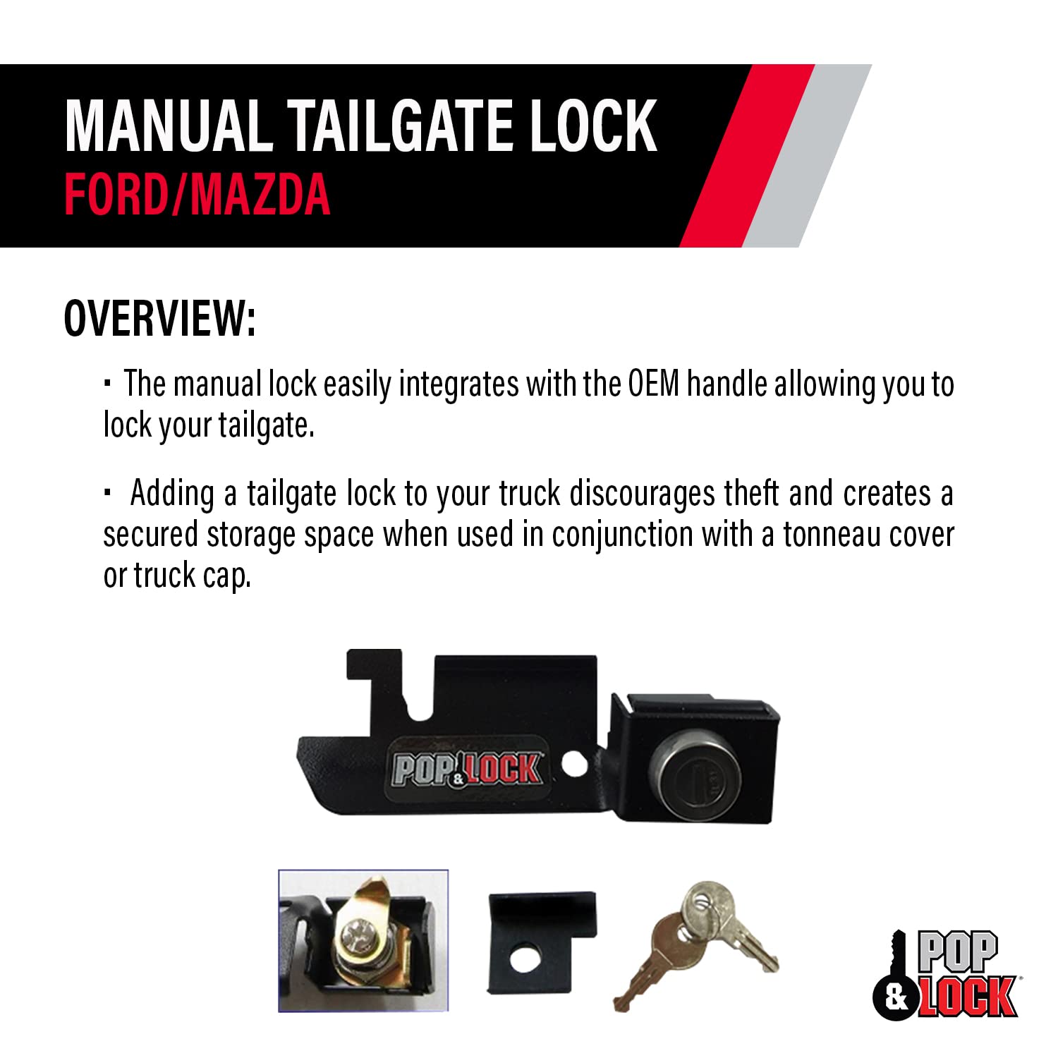Pop & Lock Tailgate Lock for Ford F150 (1987-1996) - Black, Model PL2310, Easy to Install, Anti-Theft, Durable Plastic