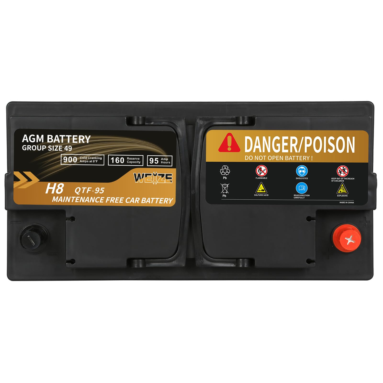 Weize Platinum Agm Battery Bci Group 49-12V 95Ah H8 Size 49 Automotive Battery, 160Rc, 900Cca, 36 Months Warranty