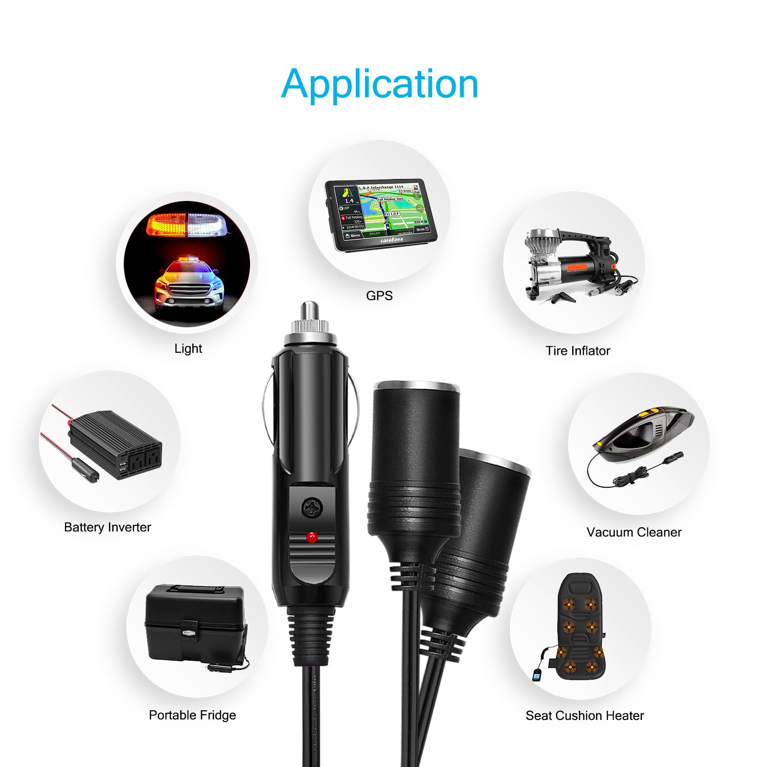 CHANZON 12V/24V 1 to 2 Car Cigarette Lighter Splitter Adapter - 7 inch UL Wire with 15A Fuse - Auto DC Power Supply Extension Co