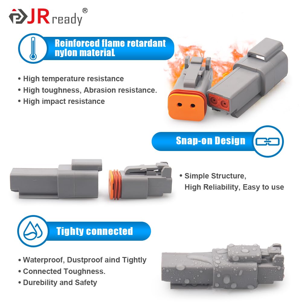 Jrready St6318-201 Dt Deutsch Connector Kit - 8 Sets 2 Pin Gray Waterproof Dt Connectors With Size 16 Solid Contacts 14-20Awg