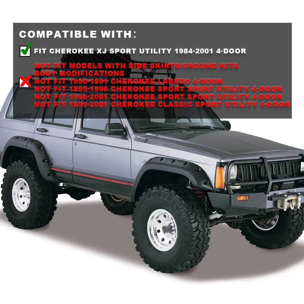 G-PLUS Fender Flares for Jeep Cherokee XJ 1984-2001, Black Polypropylene, Textured Pocket Rivet, 6pcs, Not for Models with Side Skirts