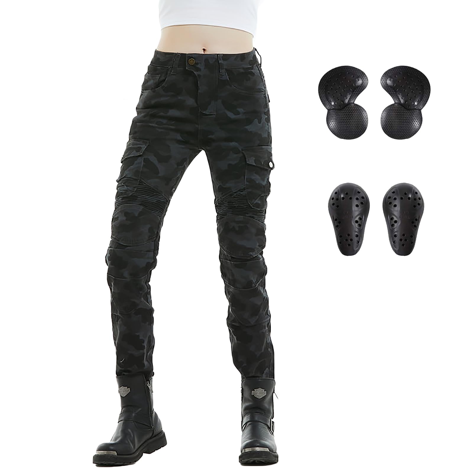 LOMENG Motorcycle Riding Pants Motorcycle Jeans Slim Fit with CE Knee Hip Removable Protectors Armor for Women Blue Camouflage L