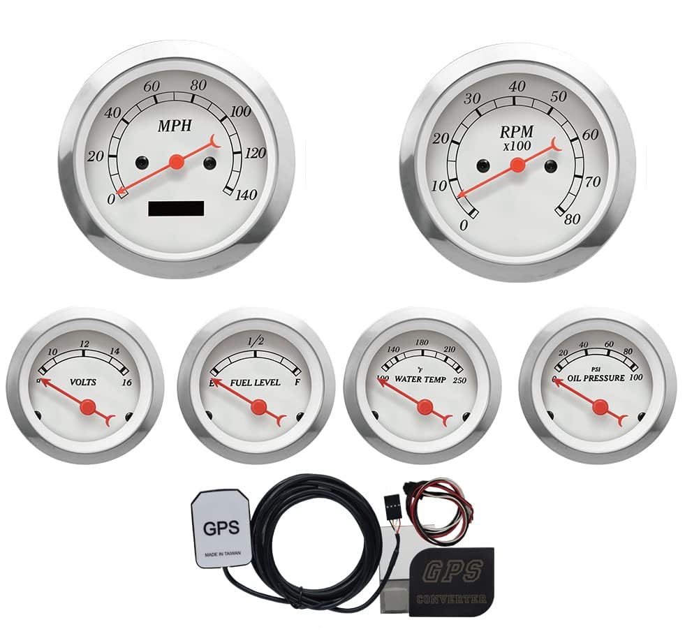 MOTOR METER RACING Classic 6 Gauge Set with GPS Electrical Speedometer Digital Odometer White Dial Red Needle Light Bulb Illumin