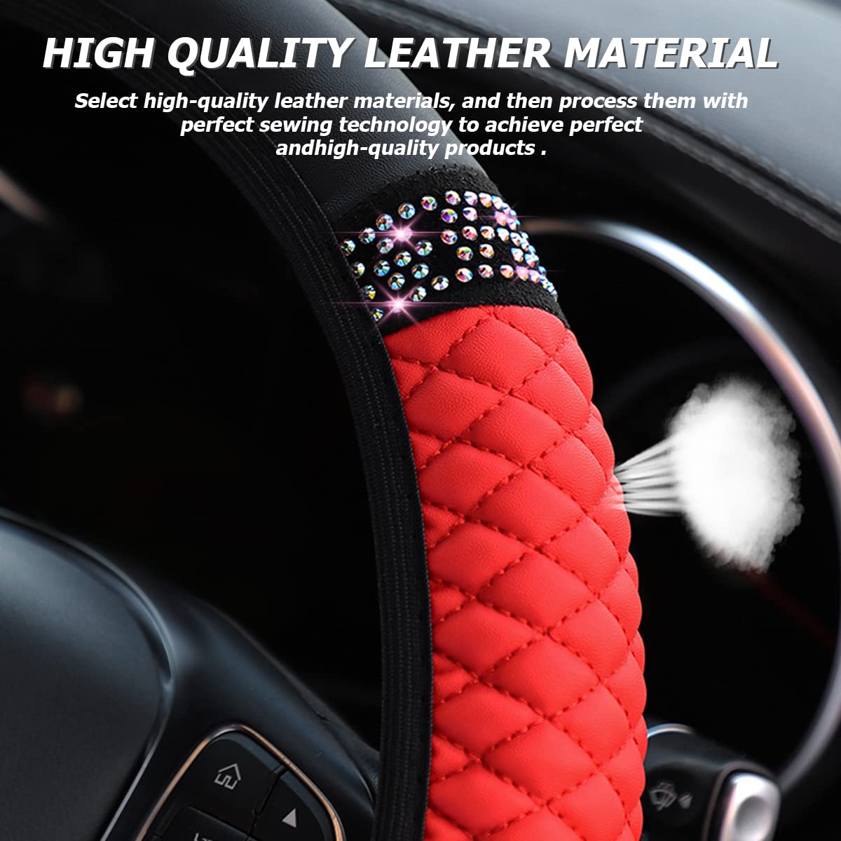Bling Leather Steering Wheel Cover, Colorful Rhinestones Elastic Steering Wheel Protector, Pu Soft Leather With Crystal Diamond, Sparkling Car Accessories For Most Cars (Red)