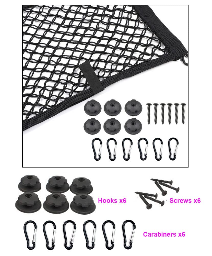 2 Pack, JE Extra Large Cargo Net for Trunk, RV, Boats Storage Mesh Pocket Net with 6 Mounting Screw/Built-in Hooks and 6 Carabin