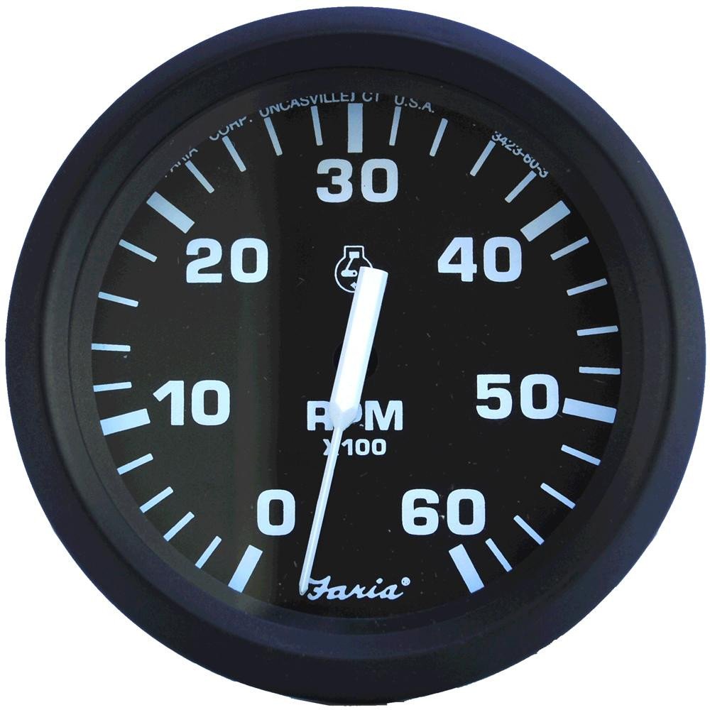 Faria Euro Black 434; Tachometer - 6,000 RPM (Gas - Inboard & I/O)
