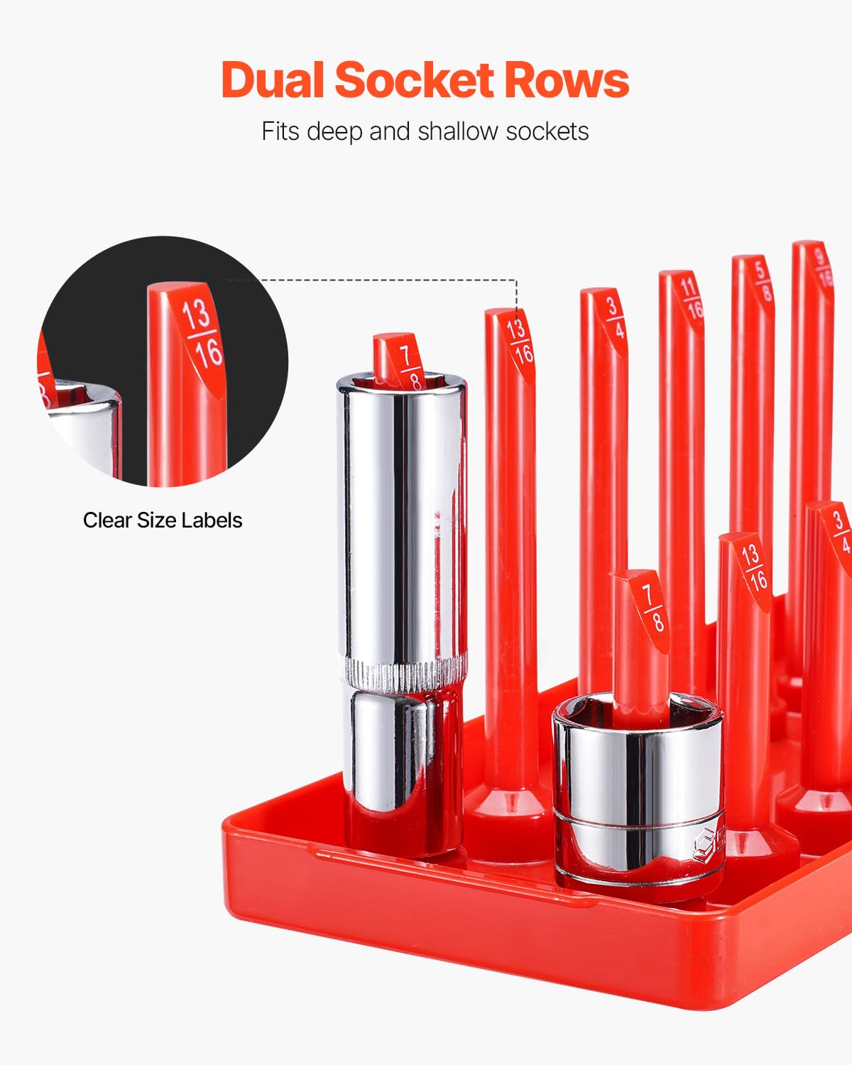 VEVOR Socket Organizer Set, 8PCS High-Rod Socket Holder, 1/4'', 3/8'' & 1/2'' Metric SAE Socket Trays with Clear Labels, Hold up