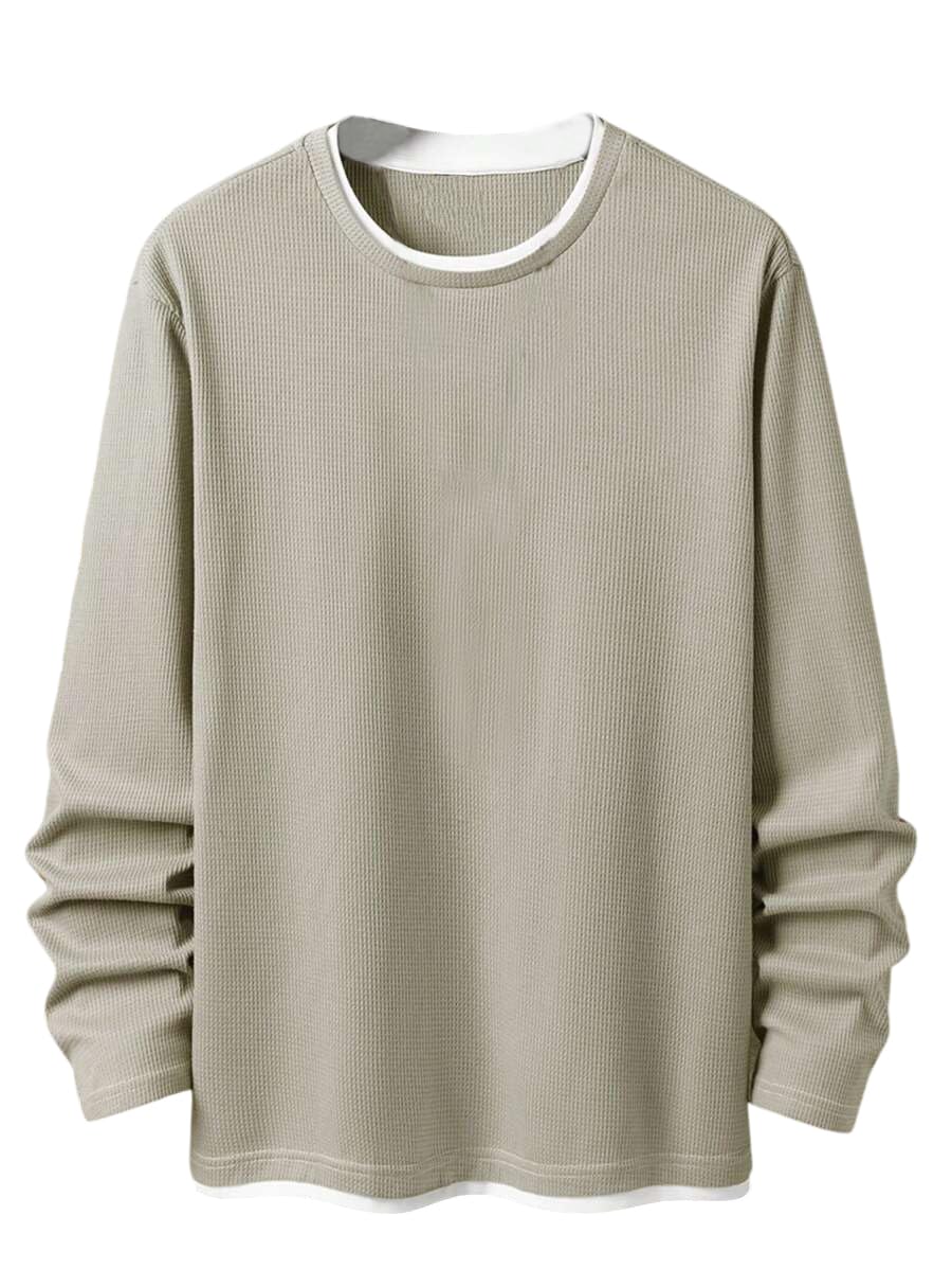 Tagas Mens Casual Long Sleeve Waffle Knit Tshirt  Soft Breathable Crewneck Top With Layered Hem & Contrast Collar