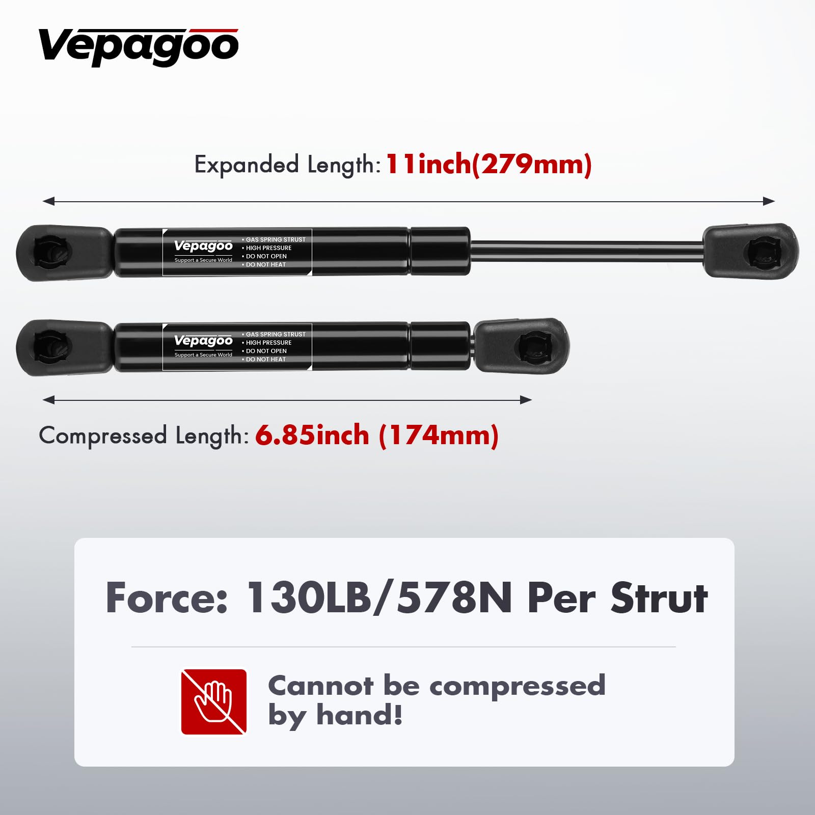 Vepagoo 11 inch 130Lb/578N Gas Strut Shock for Truck Tool Box Lid, Weatherguard Toolbox Lift Support Camper Topper Window Cadet