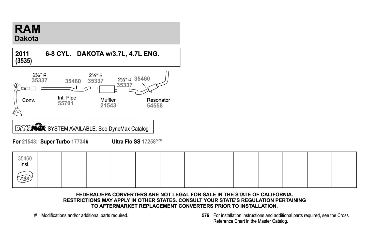 Walker 54558 Direct Fit Exhaust Resonator And Pipe Assembly 2.5 Inlet (Od) 2.5 Outlet (Od) For Dodge Dakota