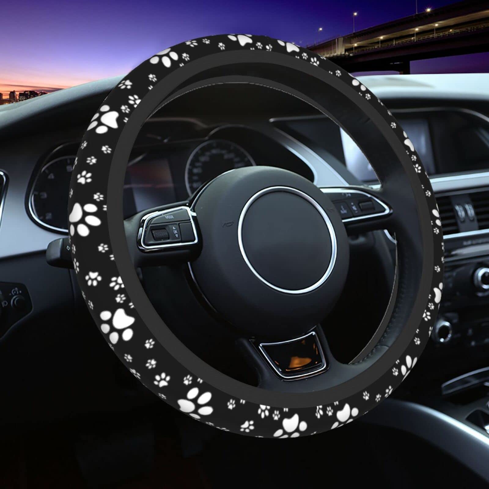 Cute Animal Paw Print Steering Wheel Cover Universal Seamless Pattern Animal Pet Foot Prints White Wheel Protector For Women Lad