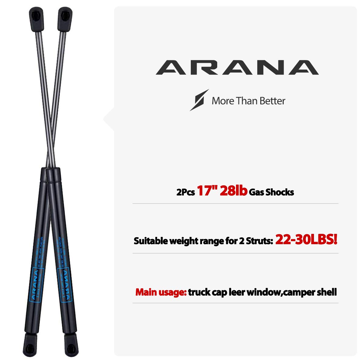 Arana 17 Inch 28 Lbs Gas Struts C16-02622 17.5Inch Spring Shocks For Truck Cap Topper Camper Shell Window Glass C1602622, 2Pcs Set