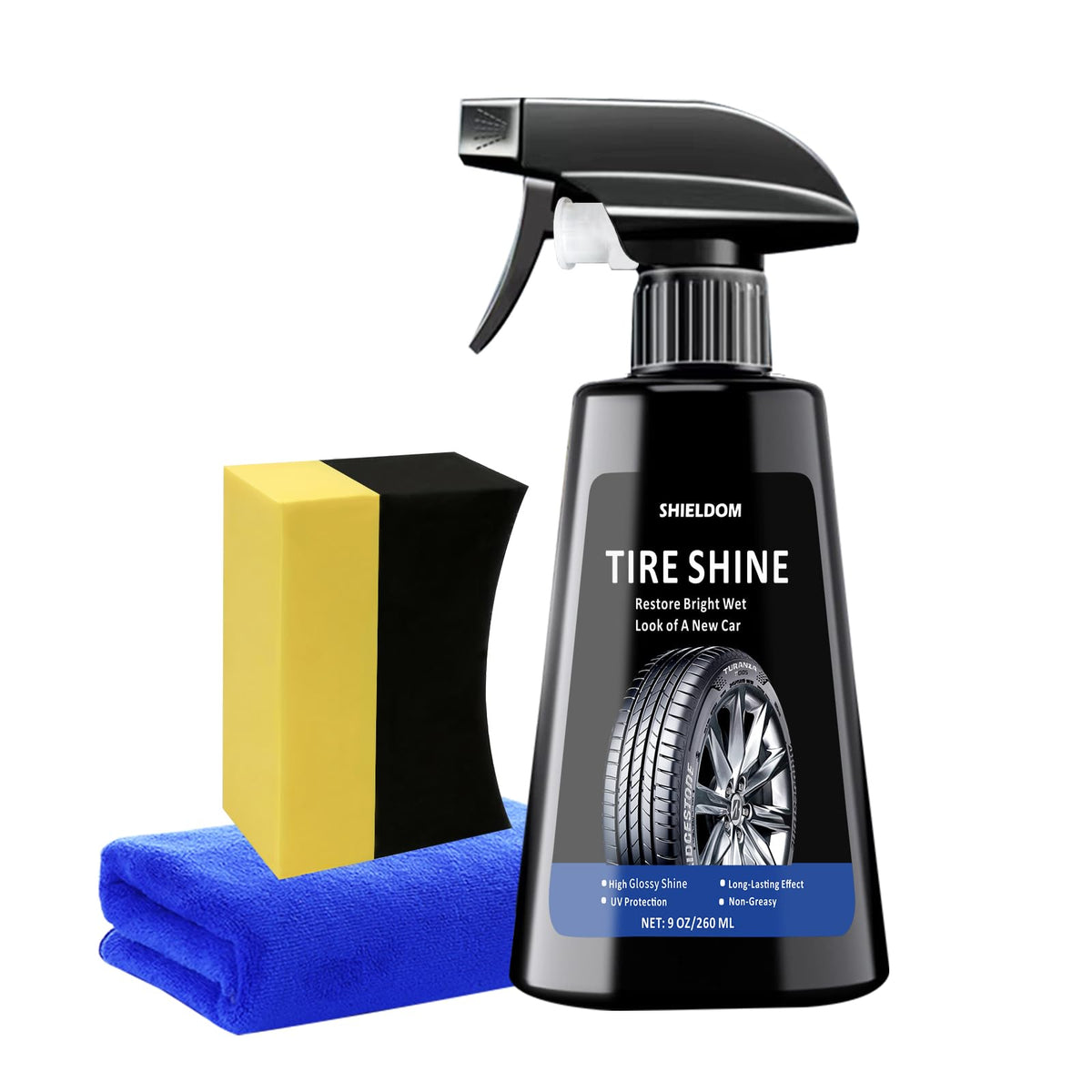 SHIELDOM Tire Shine Spray High Gloss Tire Coating Wet Look Dressing for Black Tires & Rubber with Applicator Pad & Towel | Non-G