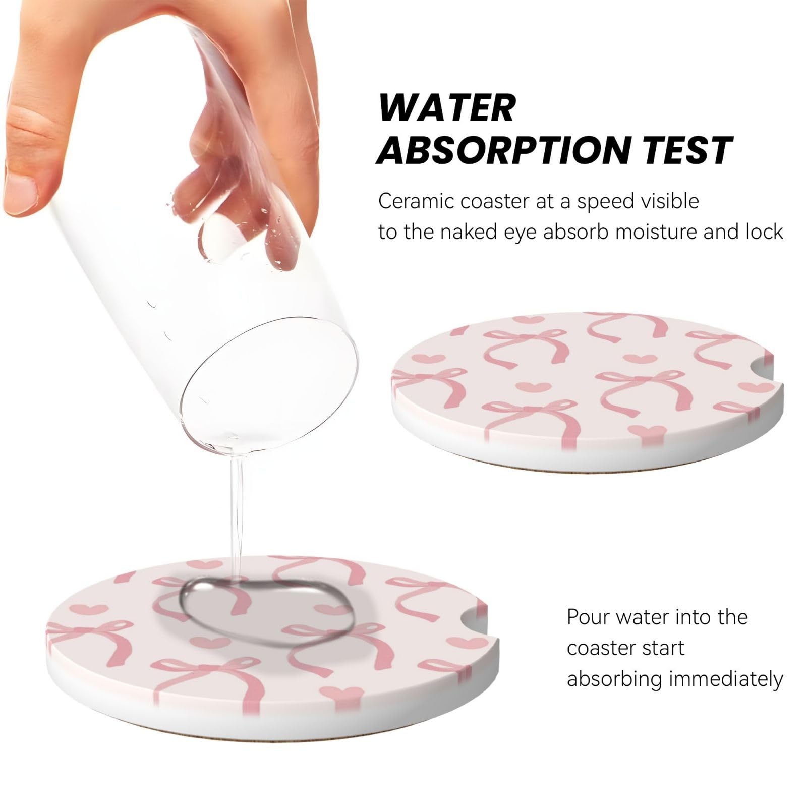 Pink Bow Love Heart Car Cup Holder Coaster 2 Pack Absorbent Ceramic Car Coasters For Cup Holders Car Accessories Interior For Wo