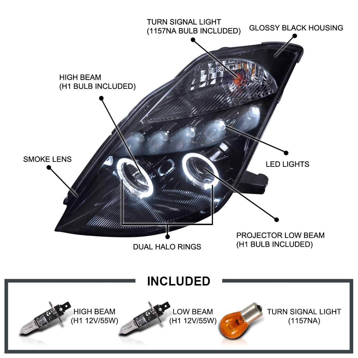 Spec-D Tuning Black Smoke Led Halo Projector Headlights Compatible With 2003-2005 Nissan 350Z, Left + Right Pair Headlamps Assembly