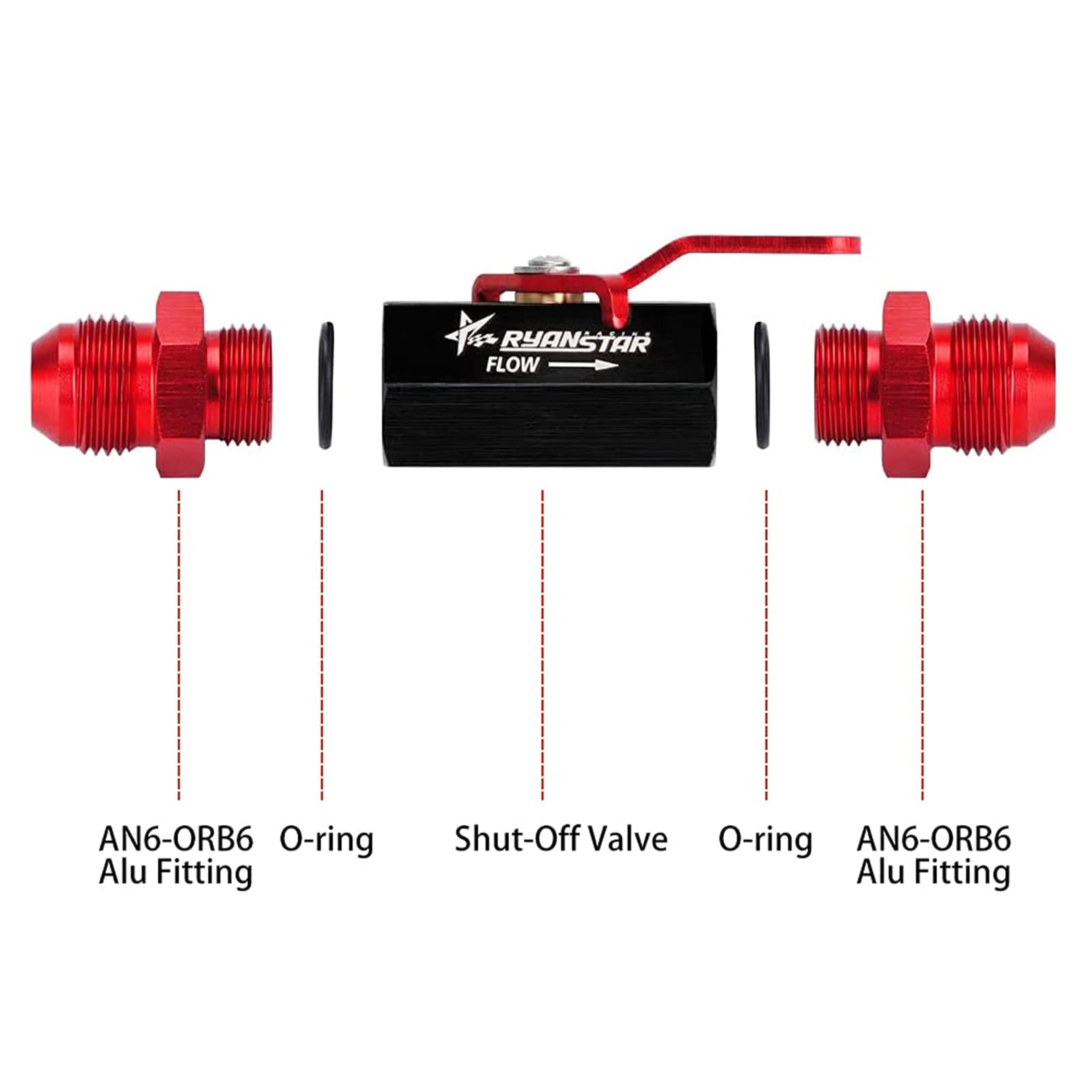 Ryanstar AN6 Fuel Shut Off Valve 6AN to 6AN Male Fitting Aluminum Anodized Black&Red
