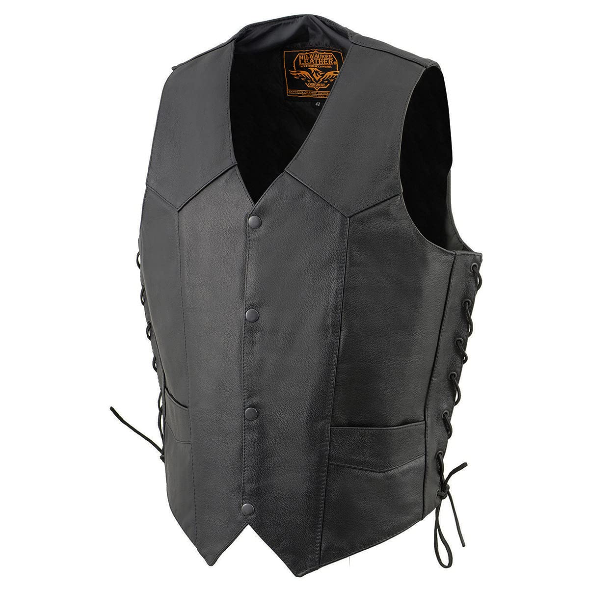 Milwaukee Leather SH1315 Men's Black Leather Classic V-Neck Side Lace Motorcycle Rider Vest w/Front Snap Closure - 42