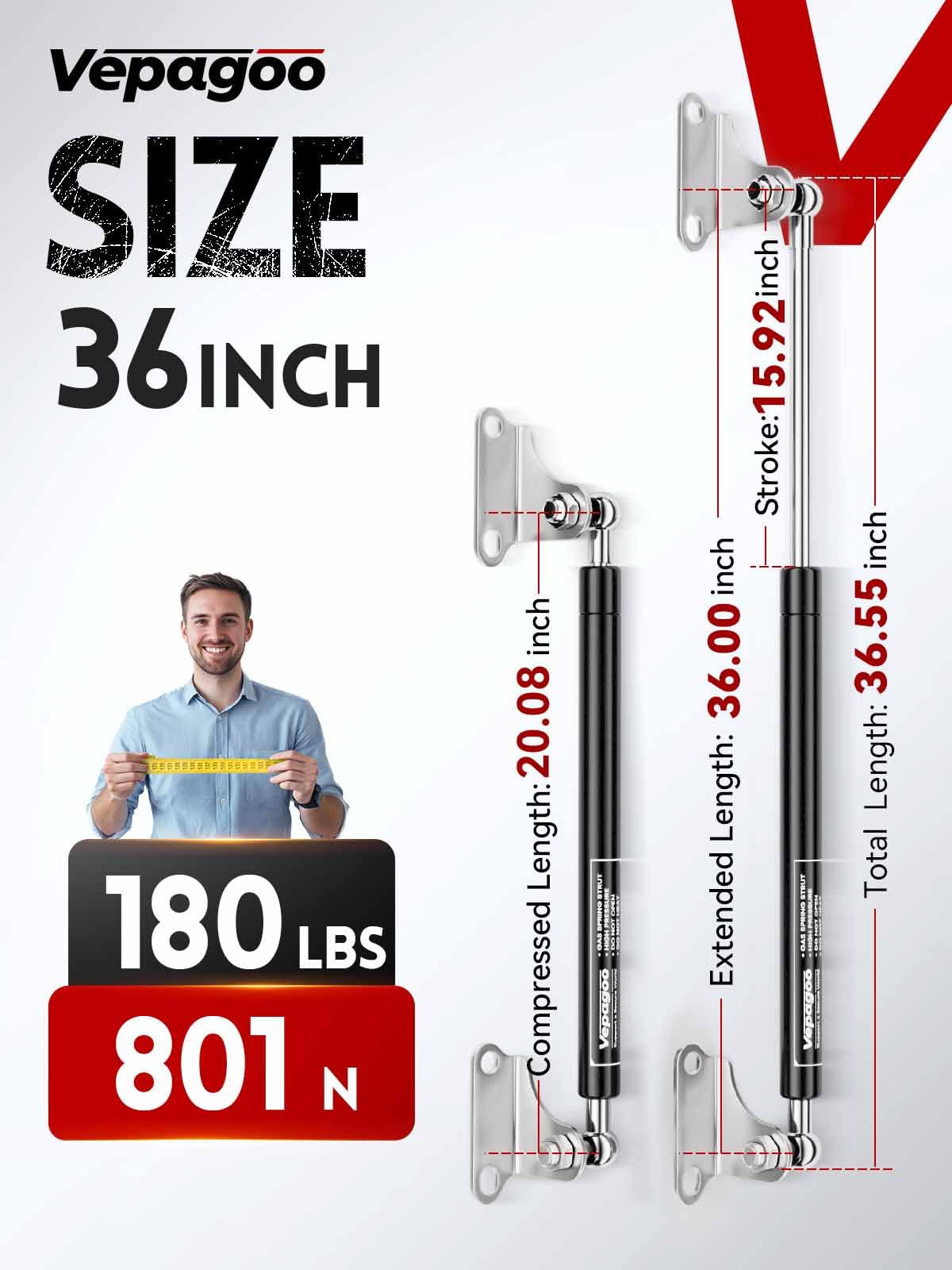 Vepagoo 36 Inch 180Lb/801N Gas Struts Shock Spring With Mounting Brackets, Lift Supports For Rv Bed Heavy-Duty Lid Box Trailer C
