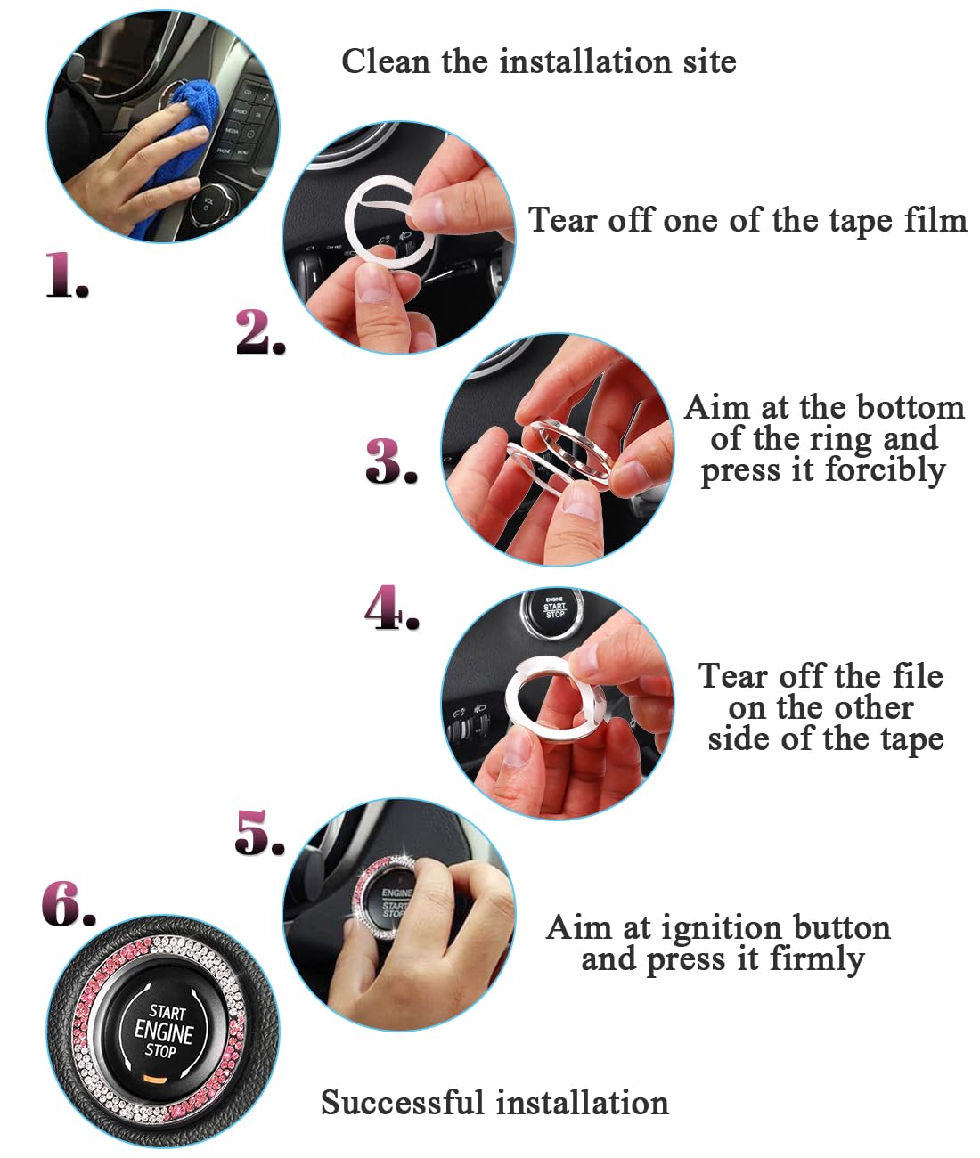 Tobequeen White Pink Bling Push Start Button Cover Emblem Sticker, Crystal Diamond Rhinestone Push Start Ring Car Decor, Pink An