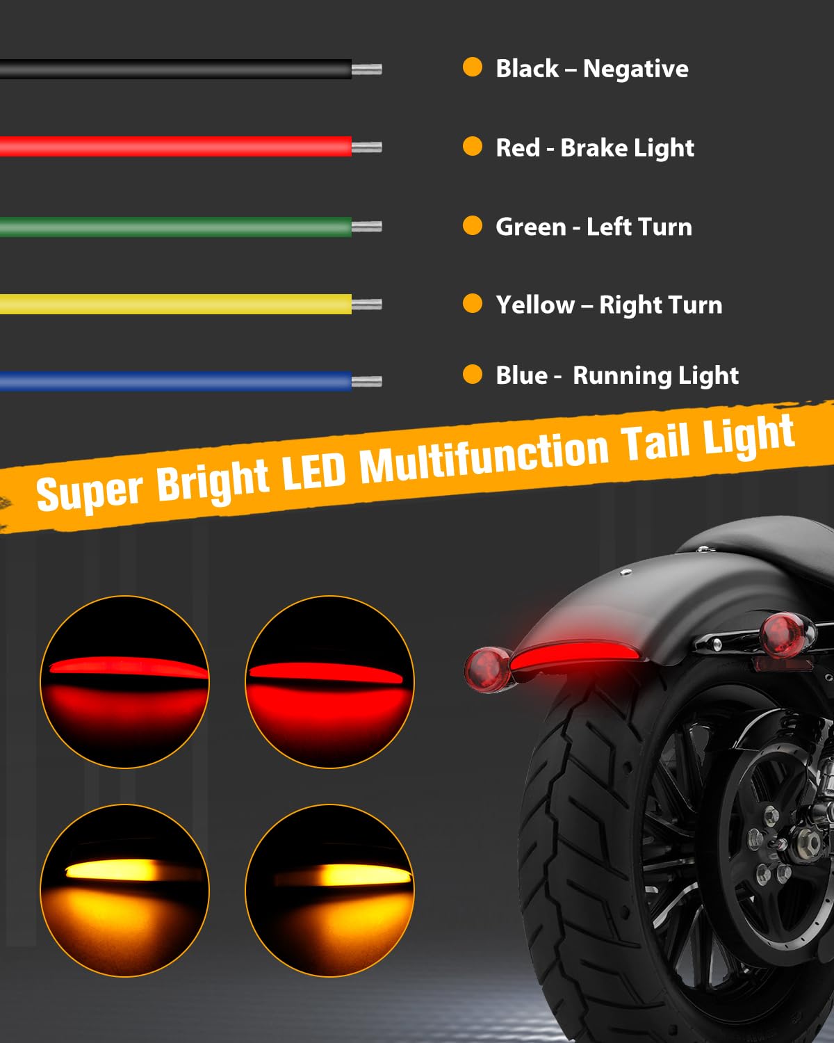 QUASCO Motorcycle Chopped Rear Fender Edge LED Diffused Brake Tail Light Turn Signals Taillight Compatible with Harley Sportster