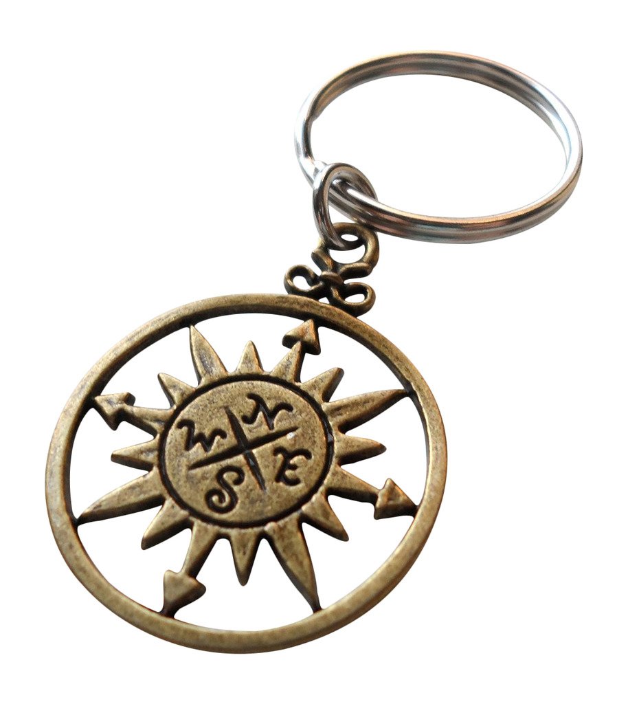 Bronze Sun Compass Keychain - I'D Be Lost Without You; Couples Keychain
