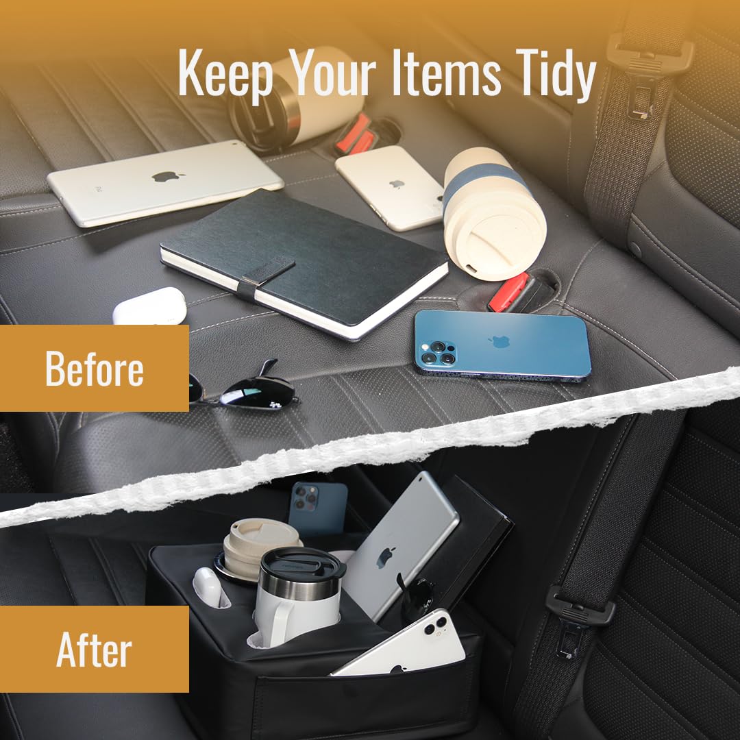 Premium Couch Cup Holder Tray - 5-in-1 Faux Leather Console Caddy for Couch, Bed, Car & RV - Non-Slip, Spill-Resistant Organizer