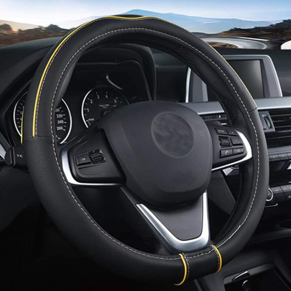 Shiawasena Auto Car Steering Wheel Cover, Universal 15 Inch Fit, Soft Leather, Breathable Anti Slip (Black&Yellow)