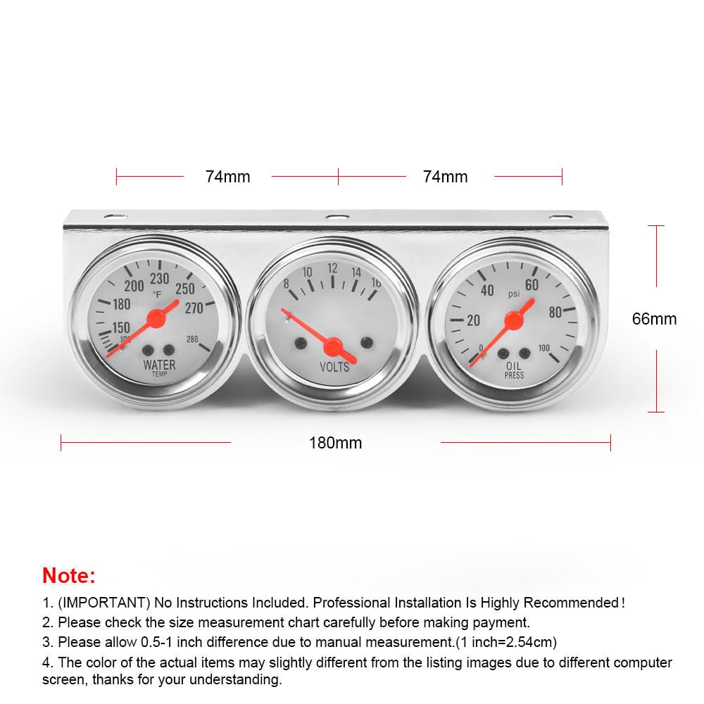 Dyno Racing 2Inch 52Mm Triple Gauge Kit Volt Meter Water Temp Temperature Gauge Oil Press Pressure Gauge Car Meter Triple Gauge Set
