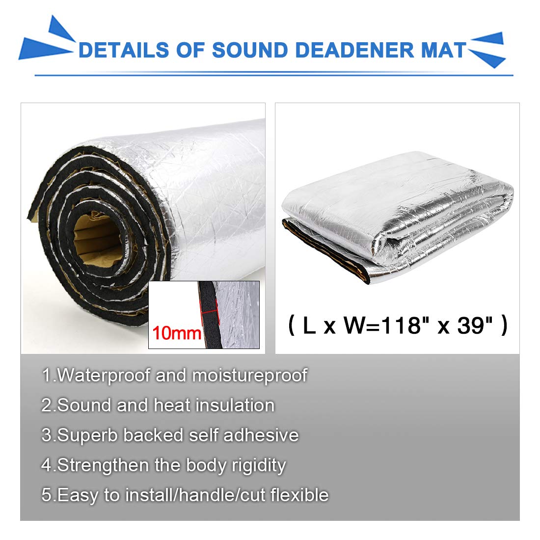 Uxcell 394Mil 32.29Sqft Car Exhaust Muffler Heat Sound Deadener Insulation Mat 118 '' X 40 ''