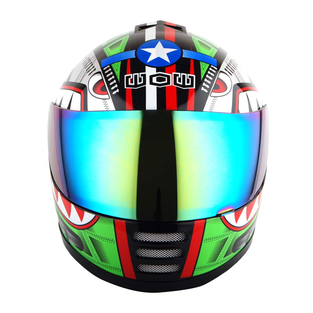 Wow Youth Motorcycle Full Face Helmet Street Bike Bmx Mx Kids Shark Green + Mx Skeleton Glove Bundle