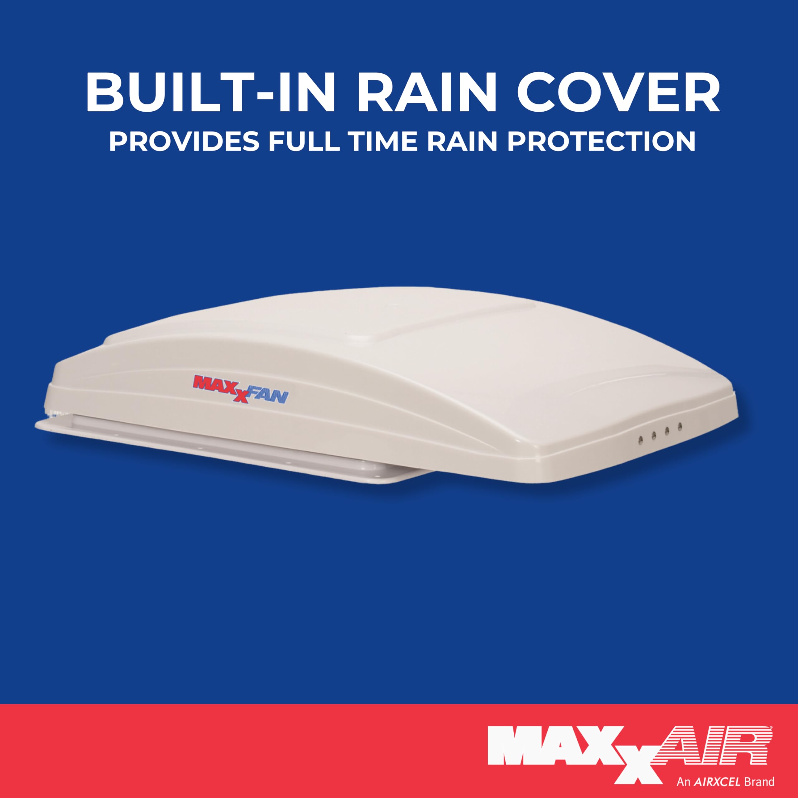 MAXXAIR Maxxfan Deluxe - All-In-One RV Vent, Shield & Fan; Built-In Rain Shield, 10 Speed Reversible Fan with Thermostat, Fits S