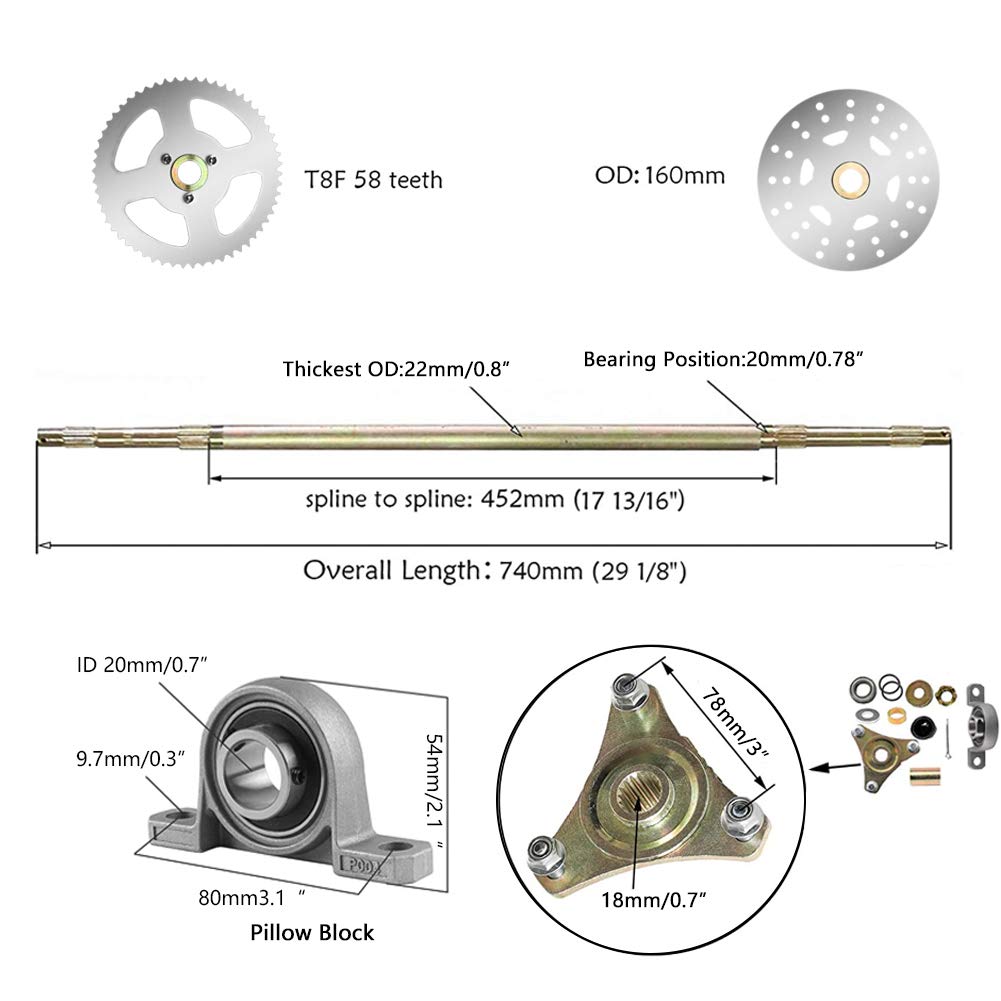 Togarhow 740mm 29 inch Go Kart Rear Axle Assembly Complete Wheel Hub Kit & 13 * 5-6 Wheel Tires with Rim & Brake Assembly & T8F