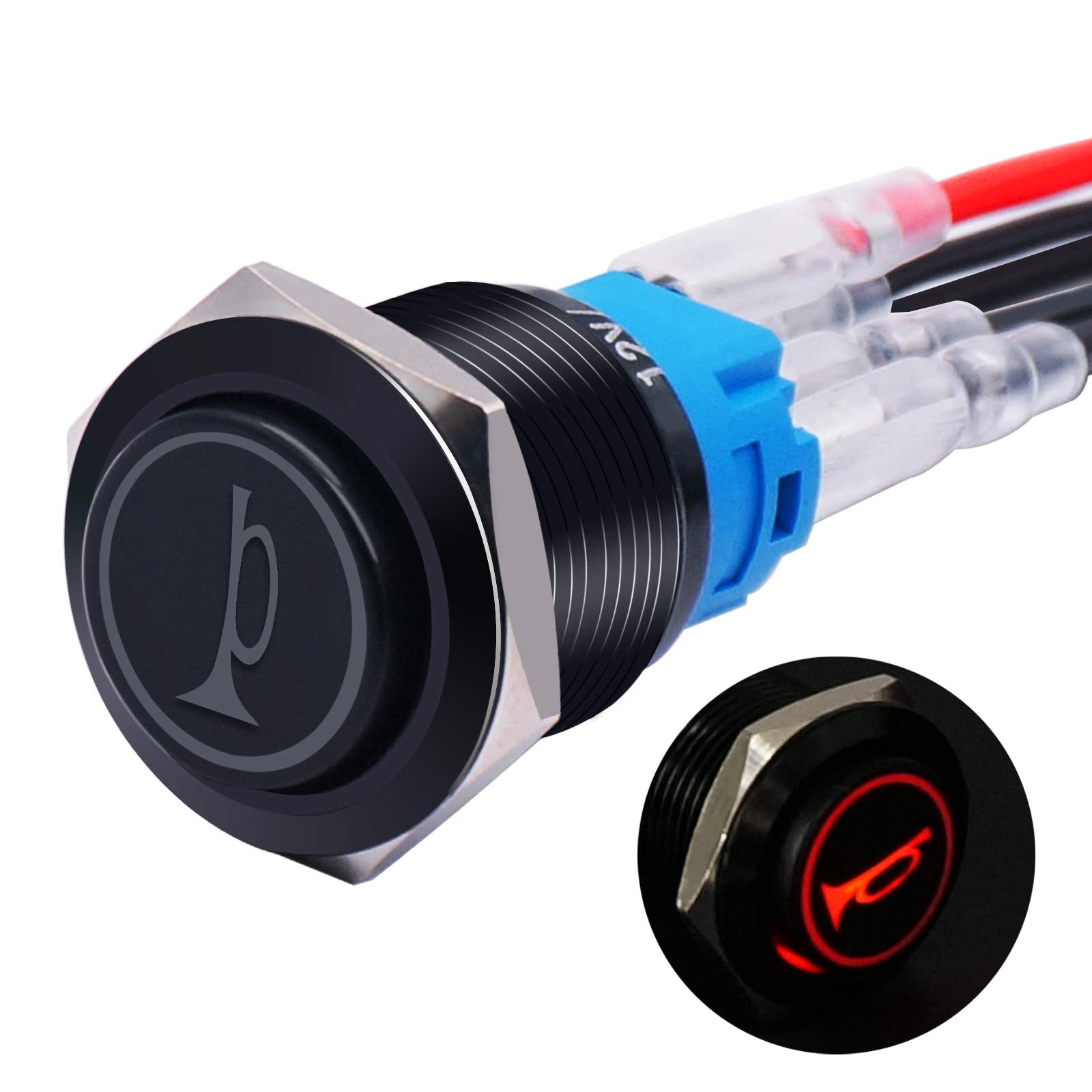Twidec/16Mm Raised Speaker Horn Momentary Push Button Switch 5/8'' Mounting Hole 12V Red Led Light Black Stainless Steel Shell 1