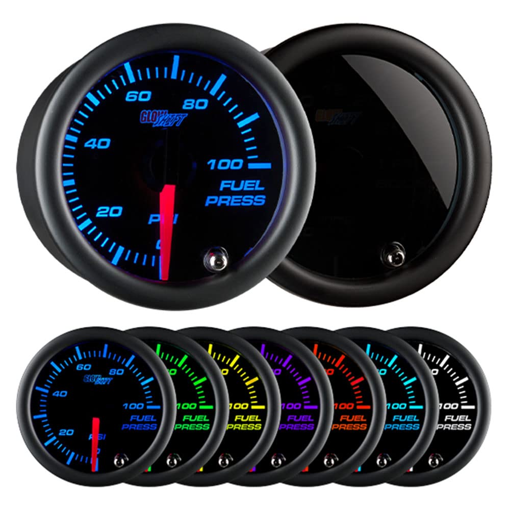 Glowshift Tinted 7 Color 100 Psi Fuel Pressure Gauge Kit - Includes Electronic Sensor - Black Dial - Smoked Lens - For Car & Tru