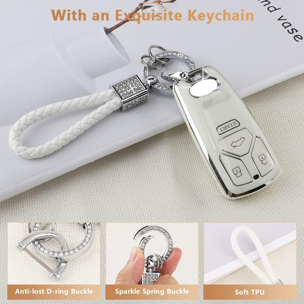 Pifoog Key Fob Cover Accessories For Audi Bling Keychain 3 4 Buttons Tpu Keys Case Protector Shell Soft White Silver For Audi Q5