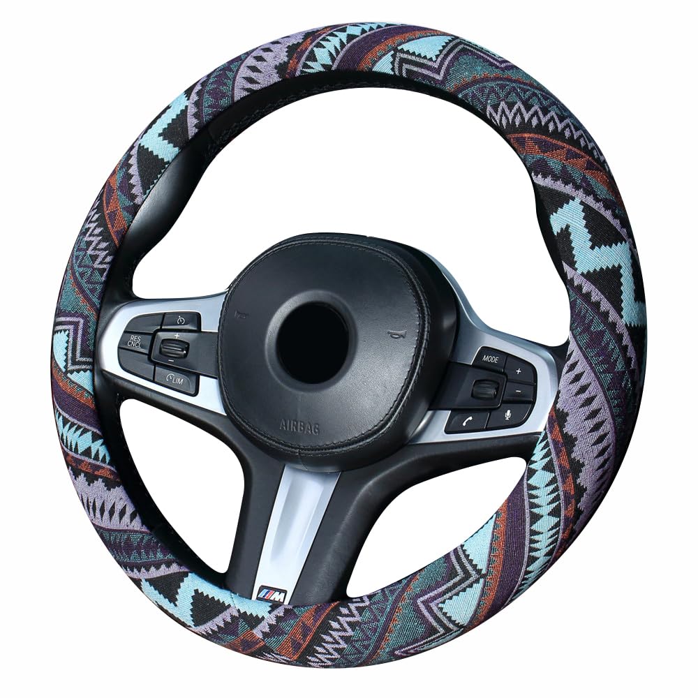 Istn Ethnic Style Coarse Flax Cloth Automotive Steering Wheel Cover Anti Slip And Sweat Absorption Auto Car Wrap Cover (M, 14.5'