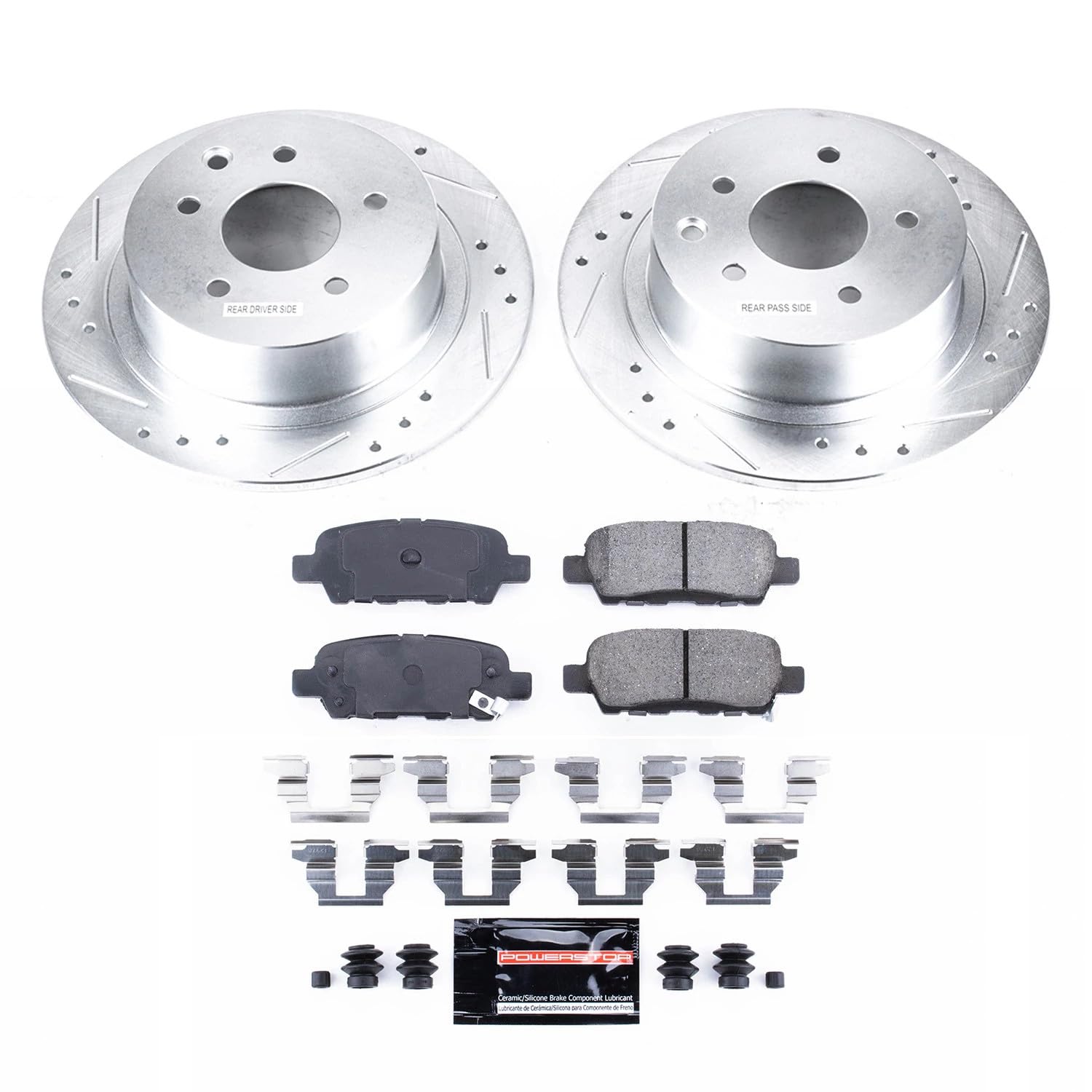 Power Stop K098 Rear Z23 Carbon-Fiber Ceramic Brake Pads and Drilled Slotted Disc Rotors Brake Kit For Nissan Altima Maxima Sent