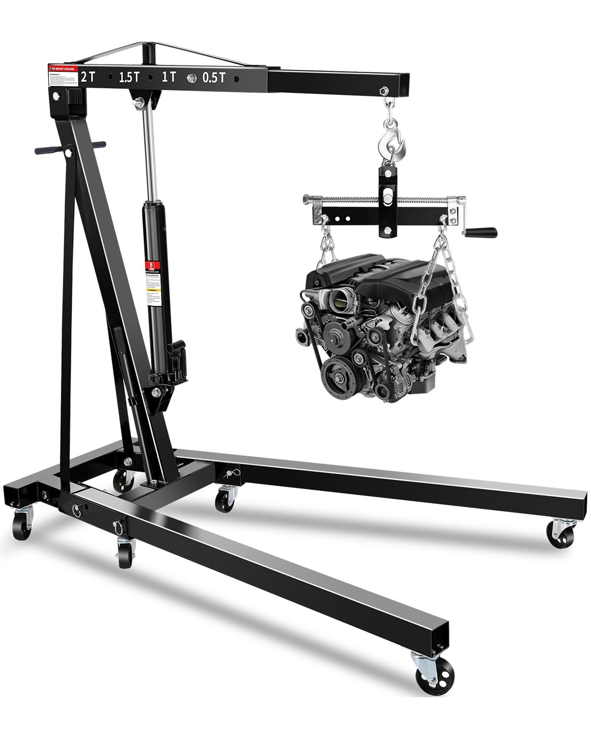 2 Ton Hydraulic Engine Hoist Crane with Lever, Folding Heavy-Duty Cherry Picker with 6 Locking Wheels & 4 Boom Positions, for Tr