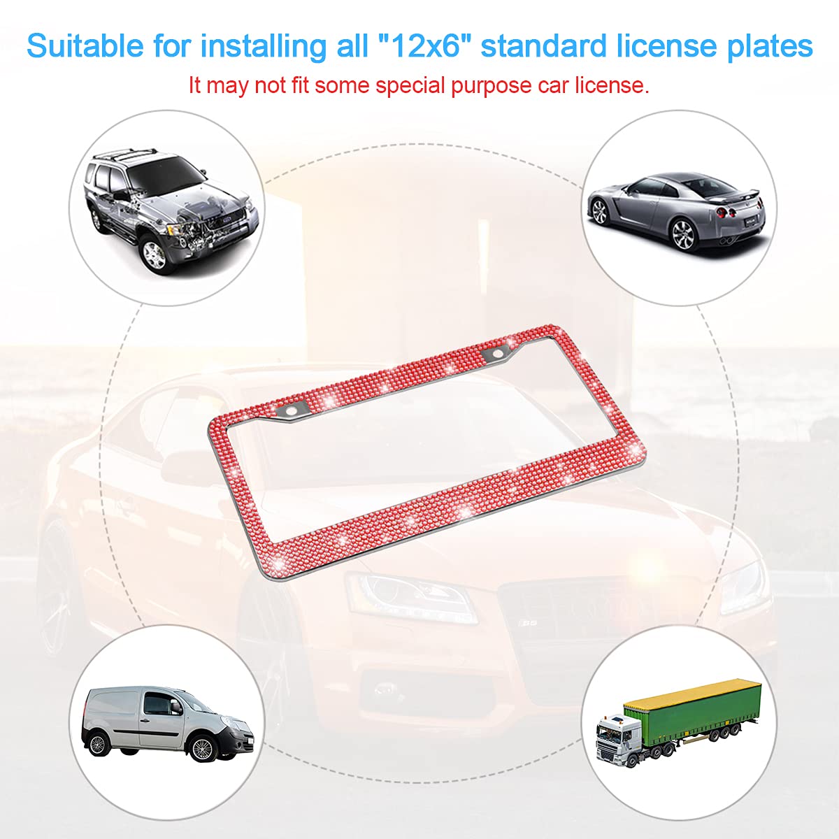 Bling Car License Plate Frame, Handcrafted Crystal Stainless Steel License Plate Frame, Sparkly, Durable, Universal Fit, Car Acc