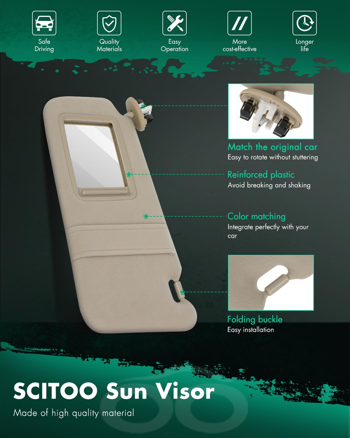 Scitoo Beige Left Driver Side Interior Sun Visor Fit For Toyota For Camry 2006-2011 With Sunroof Replace# 74320-06800-E0