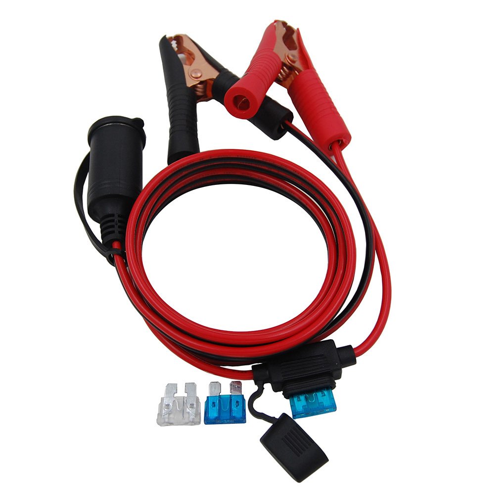Cuzec 12V/ 24V Extension Cord Plug Socket With Battery Clamp 4.9Ft / 1.5M 16 Awg Battery Clip-On And Cigarette Lighter Adapter
