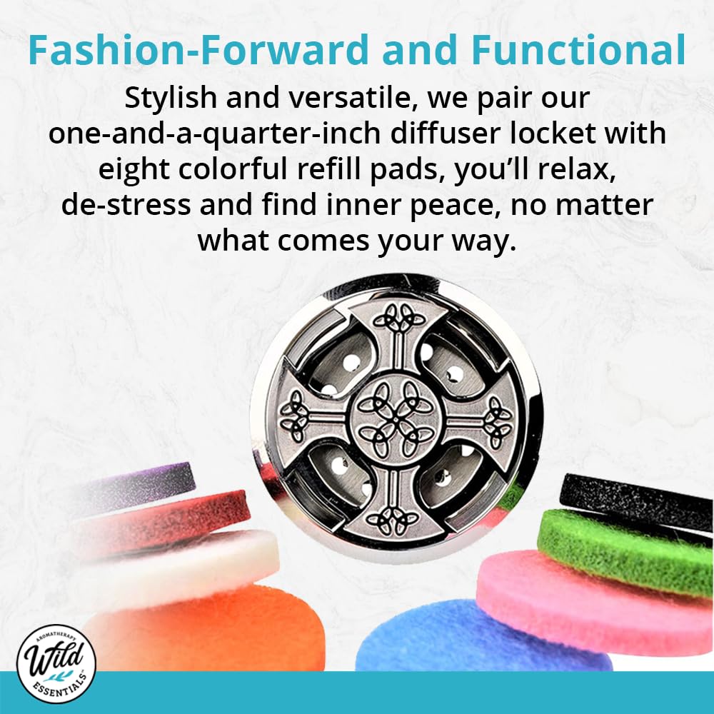 Wild Essentials Celtic Cross Essential Oil Car Vent Diffuser, Stainless Steel Locket Pendant With 12 Color Refill Pads, Customiz