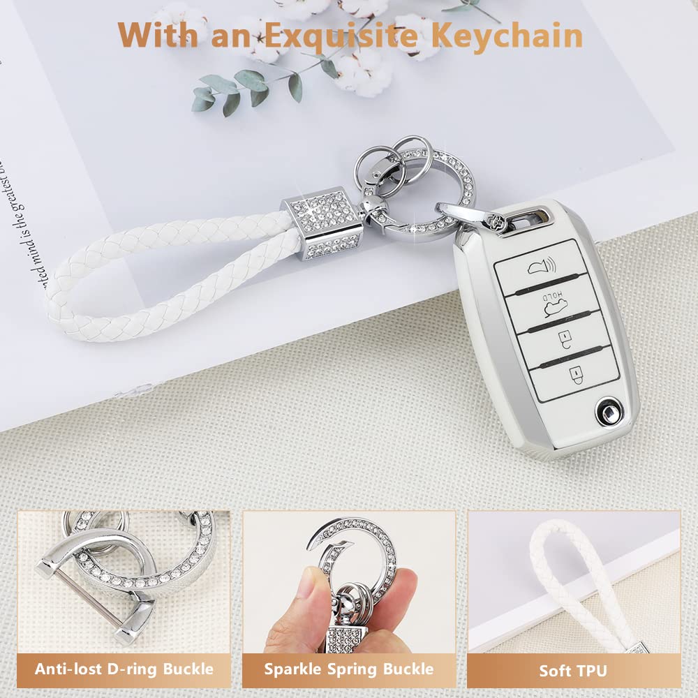 Pifoog For Kia Key Fob Cover Tpu White Silver 4 Buttons Keys Case Shell Protector Bling Keychain For Kia Sorento Optima Soul Spo