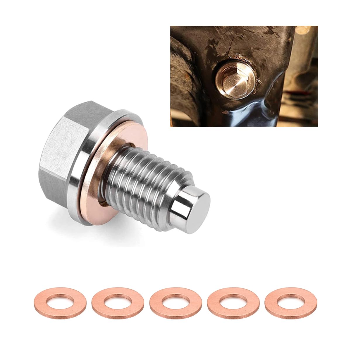 Dickno M14  1.5 Magnetic Oil Drain Plug, Aluminum Stainless Steel Sump Drain Nut Bolt with 5 Copper Crush Washer, Universal Leak