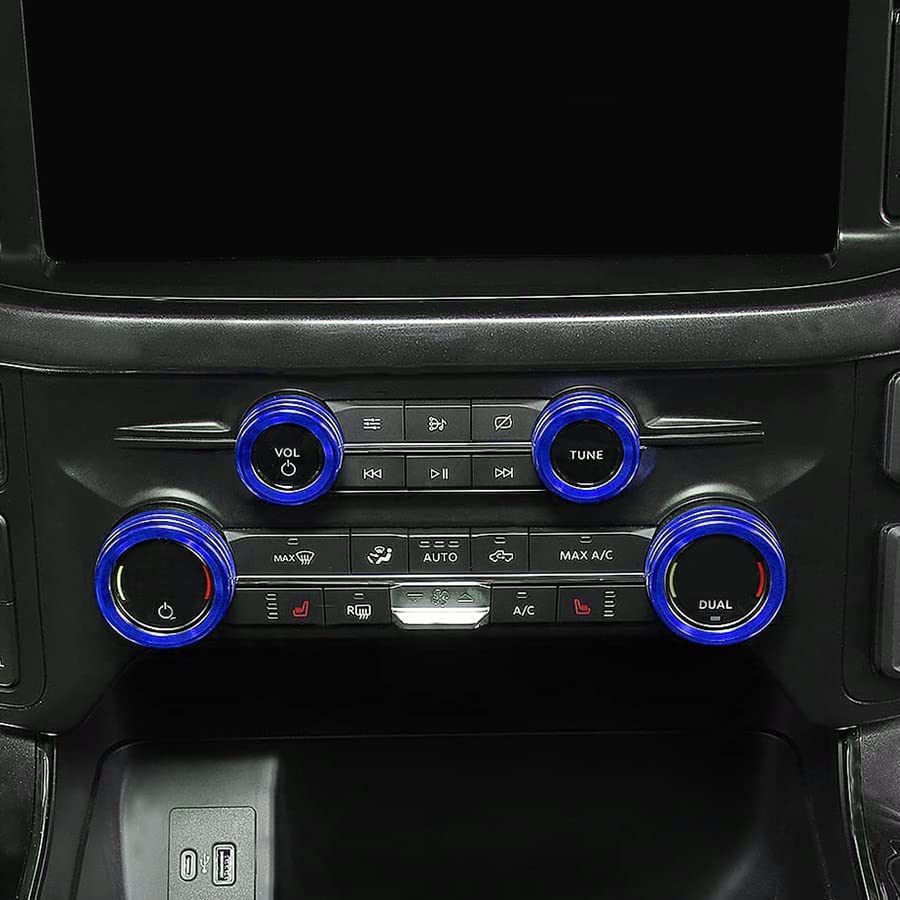 Keptrim For Ford F150 2021 2022 2023 Knob Air Conditioner Switch & Trailer & 4Wd & Vol & Headlight Button Ring Trim, Blue Alumin