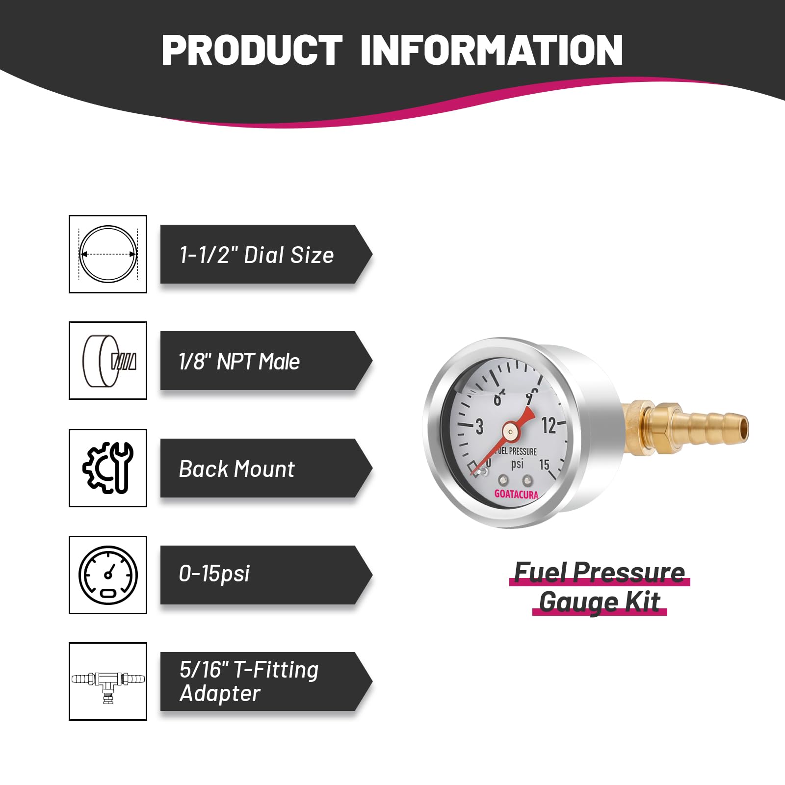 Goatacura 0-15Psi Glycerin Filled Fuel Pressure Gauge Kit, 1-1/2'' Dial Size, 304 Stainless Steel Case, 5/16'' Fuel Line Fuel Pr