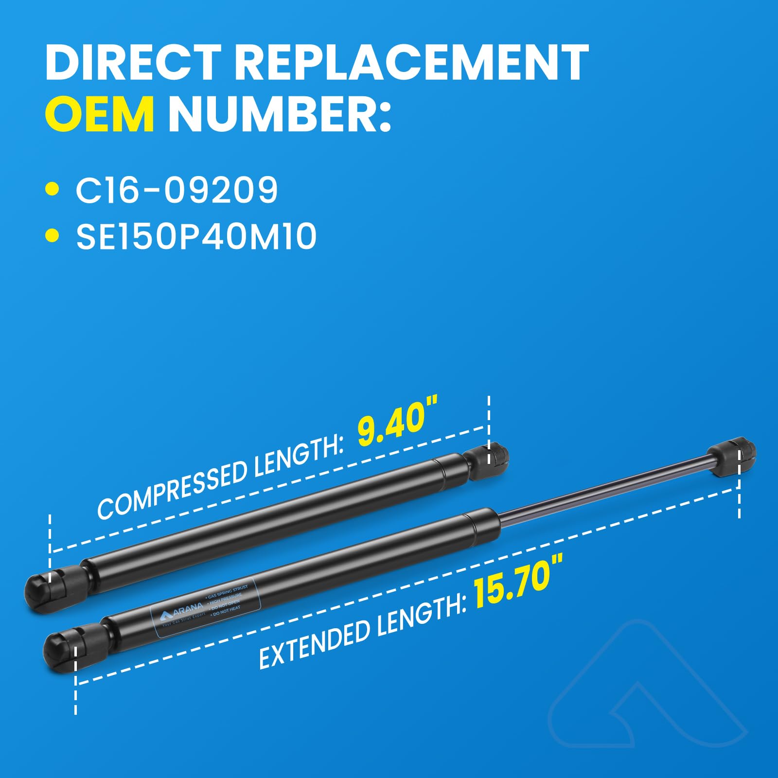 ARANA C16-09209 Gas Struts 16 Lift Support Shocks for Truck Cap, 38 Lbs (169 N), Pack of 2 for Canopy & Camper Shell