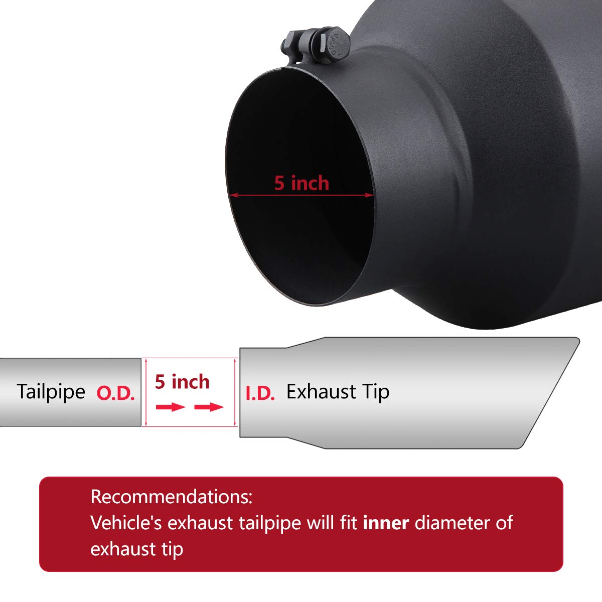 LCGP 5'' Inlet 8'' Outlet 15'' Long Rolled End Angle Cut Bolt On Exhaust Tip Tail Pipe. Black Powder Coated.